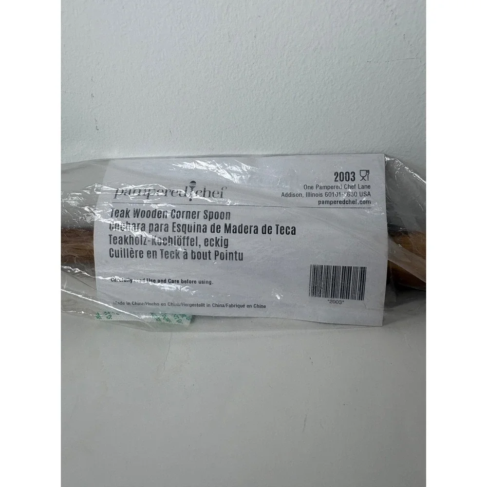 NEW Pampered Chef Teak Wooden Corner Spoon 2003 Brown Natural Finish Utensil